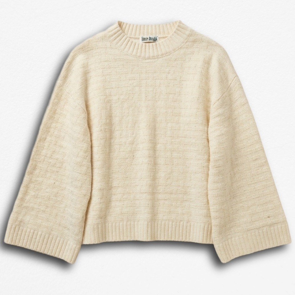 Sloan Rouge Cream Basketweave Knit Sweater Wide Bell Sleeve Crew Neck Womens L